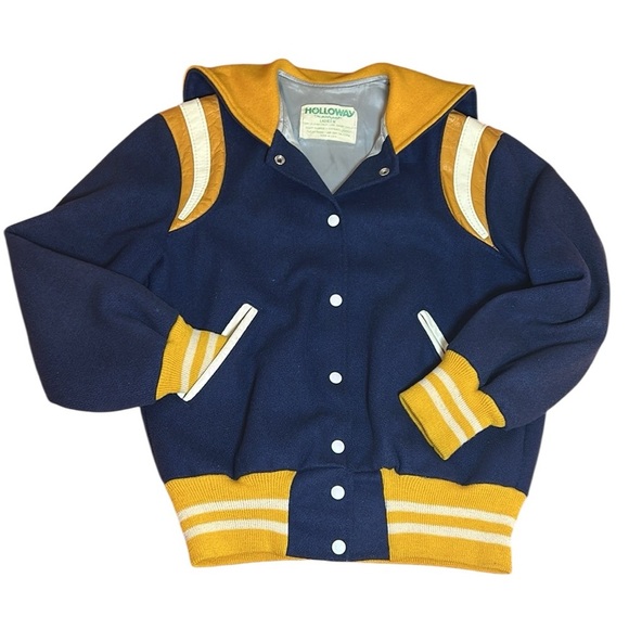 Vintage 70-80s Holloway Varsity Jacket women’s Blue Yellow Leather Wool sz Med - Picture 1 of 15